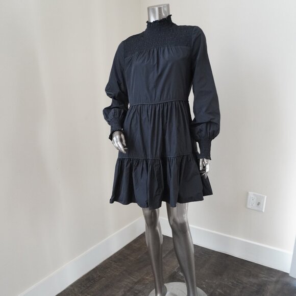 Veronica Beard Vigore Black Dress Smocked High Neck Tiered A line Size 2 - Picture 5 of 9